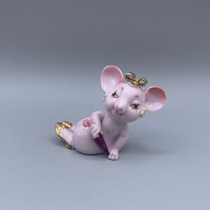 Vintage Shafford Ceramic Porcelain Pink Mouse Gold Gilding Bow Shoes Figurine